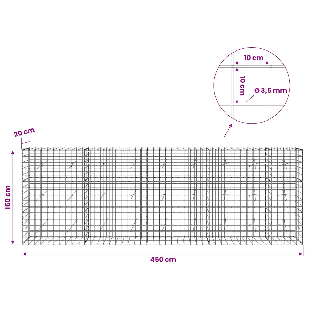 vidaXL Gabion with 3.5 mm Wire and 10x10 cm Mesh 450x20x150 cm 6