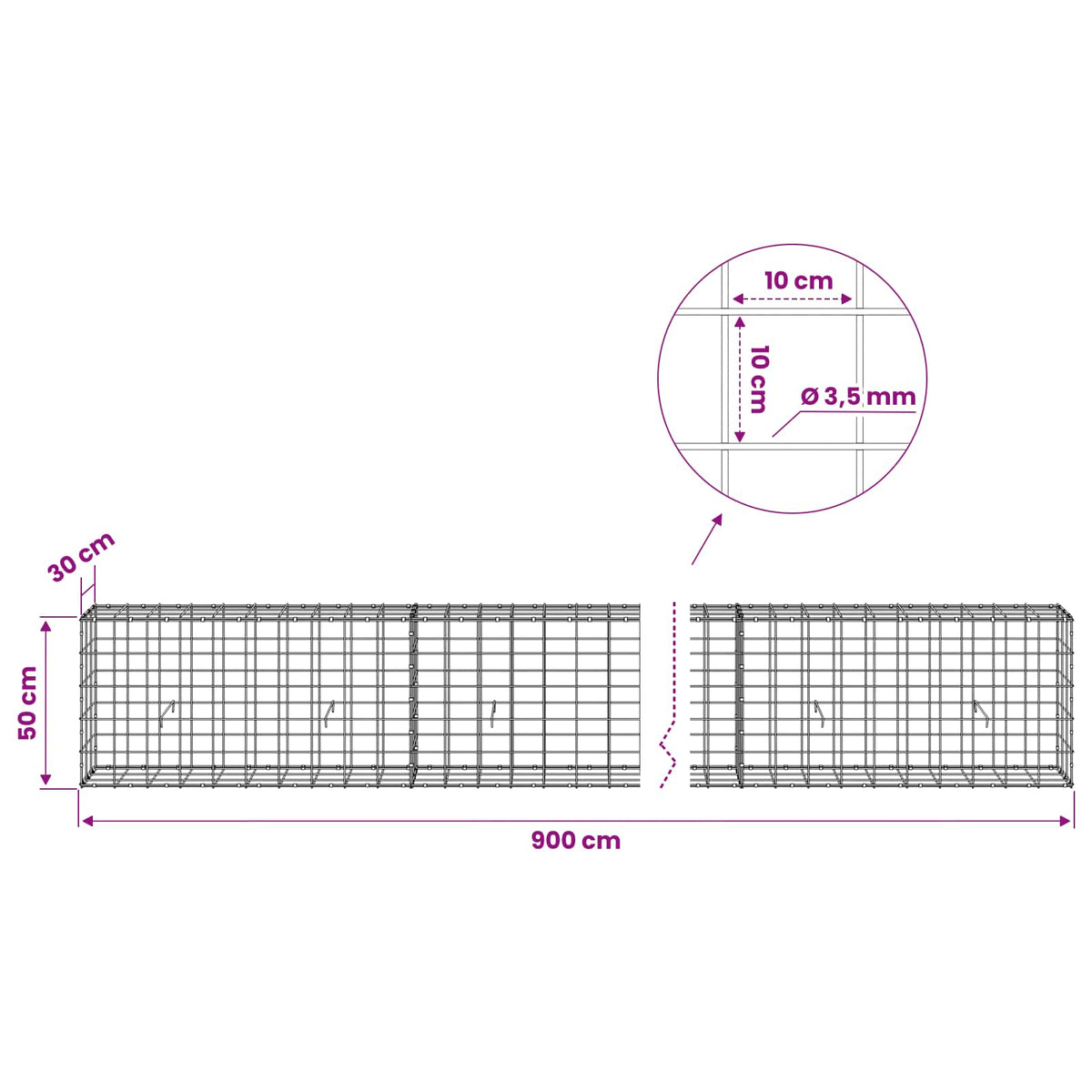 vidaXL Gabion with 3.5 mm Wire and 10x10 cm Mesh 900x30x50 cm 6