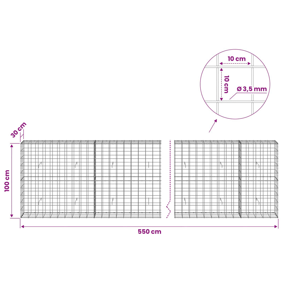 vidaXL Gabion with 3.5 mm Wire and 10x10 cm Mesh 550x30x100 cm 6