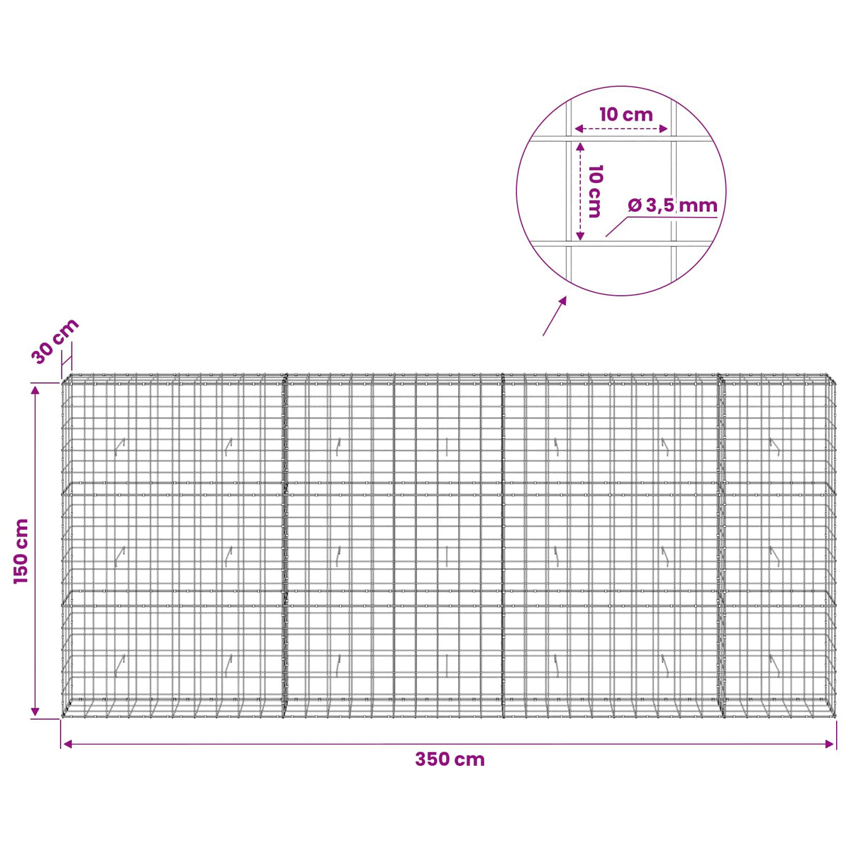 vidaXL Gabion with 3.5 mm Wire and 10x10 cm Mesh 350x30x150 cm 6