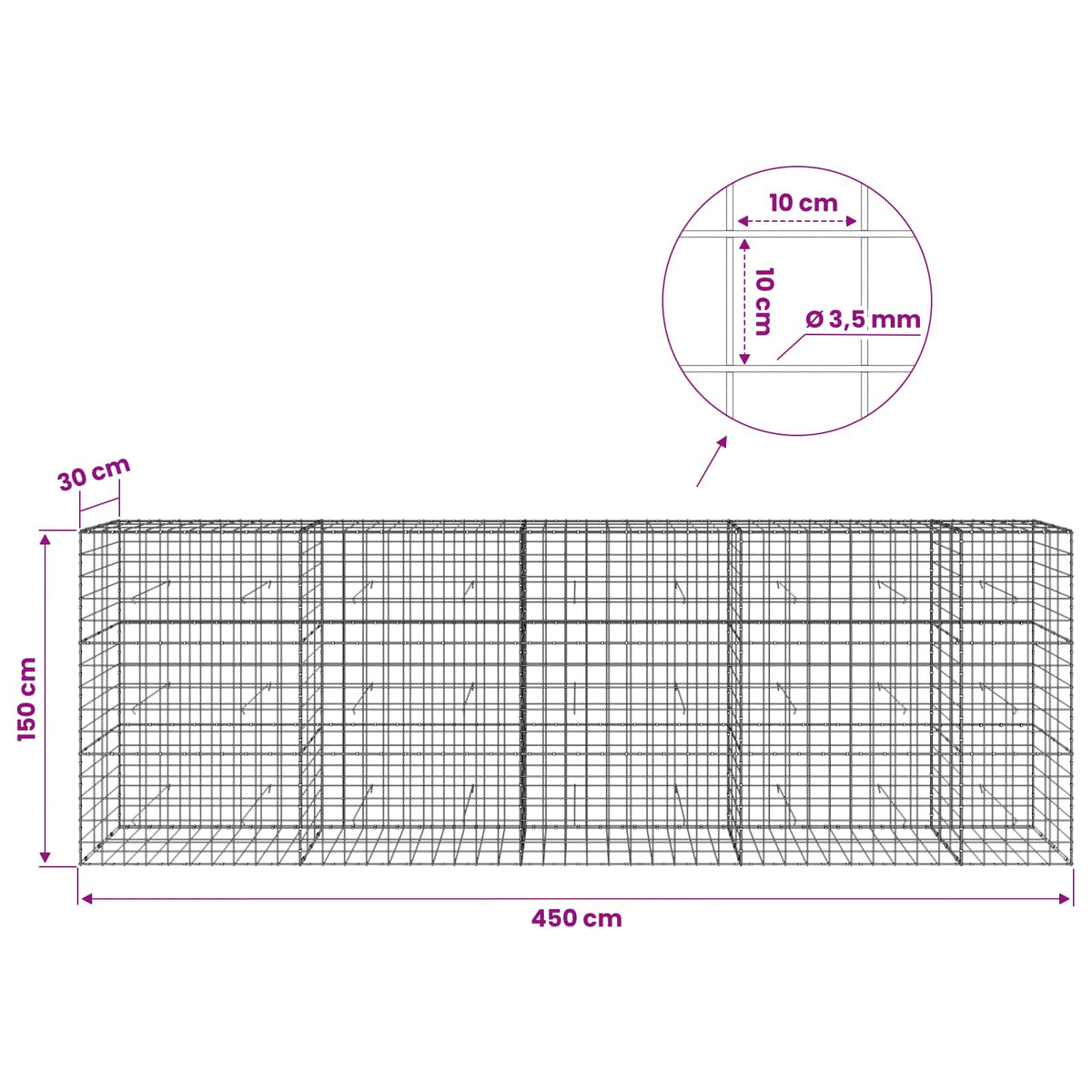 vidaXL Gabion with 3.5 mm Wire and 10x10 cm Mesh 450x30x150 cm 6