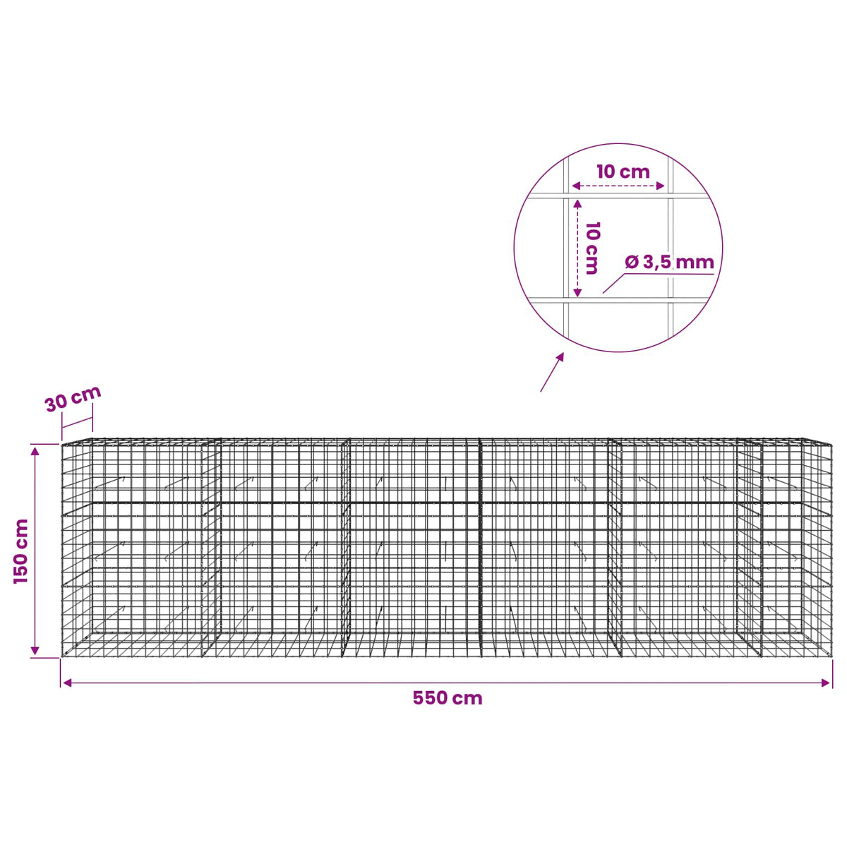 vidaXL Gabion with 3.5 mm Wire and 10x10 cm Mesh 550x30x150 cm 6