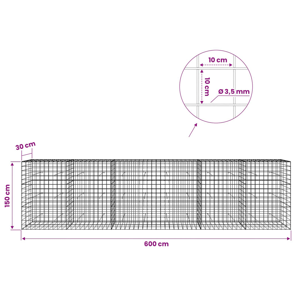 vidaXL Gabion with 3.5 mm Wire and 10x10 cm Mesh 600x30x150 cm 6