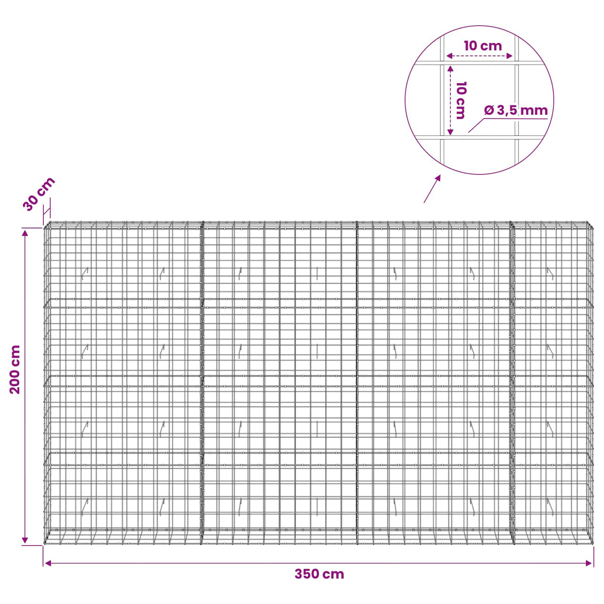 vidaXL Gabion with 3.5 mm Wire and 10x10 cm Mesh 350x30x200 cm 6