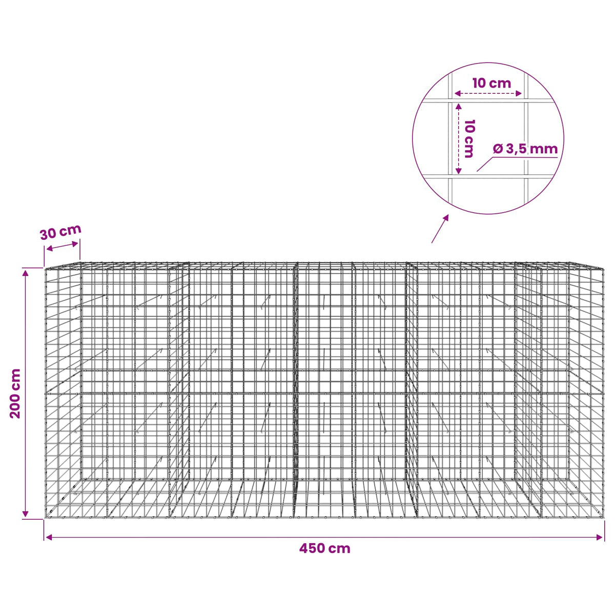 vidaXL Gabion with 3.5 mm Wire and 10x10 cm Mesh 450x30x200 cm 6