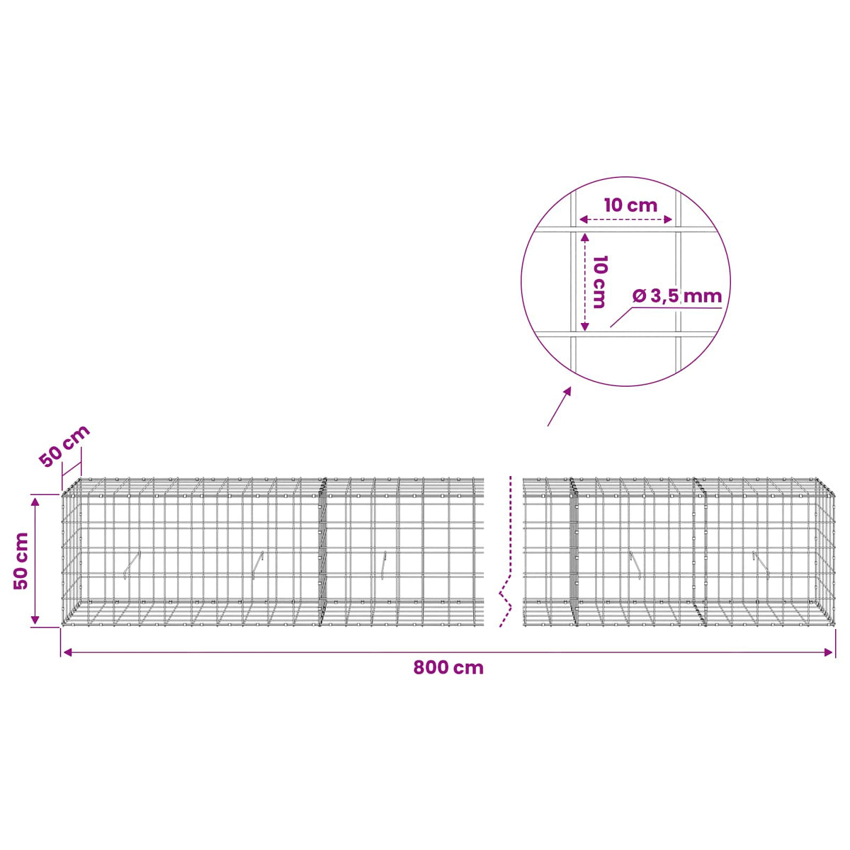 vidaXL Gabion with 3.5 mm Wire and 10x10 cm Mesh 800x50x50 cm 6