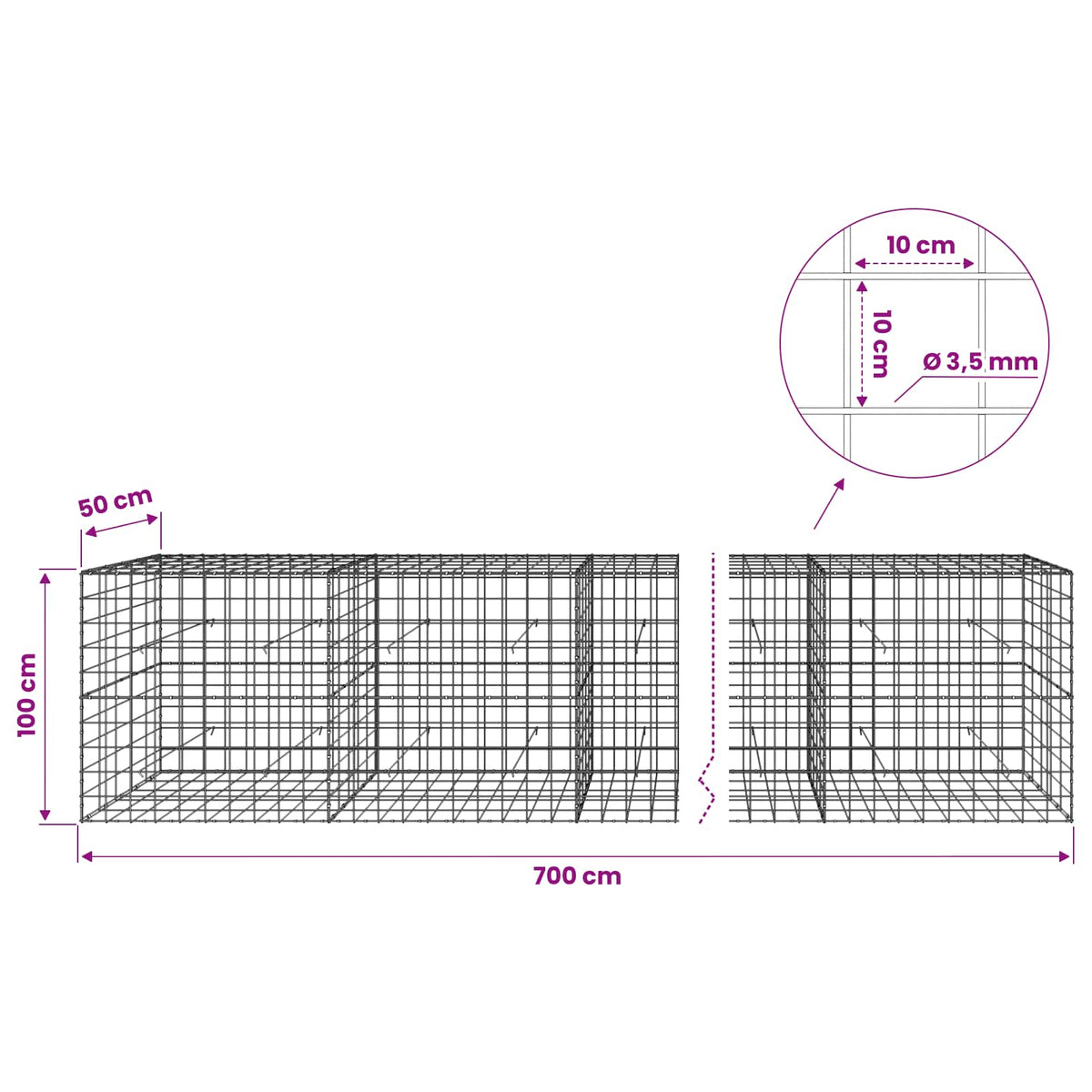 vidaXL Gabion with 3.5 mm Wire and 10x10 cm Mesh 700x50x100 cm 6