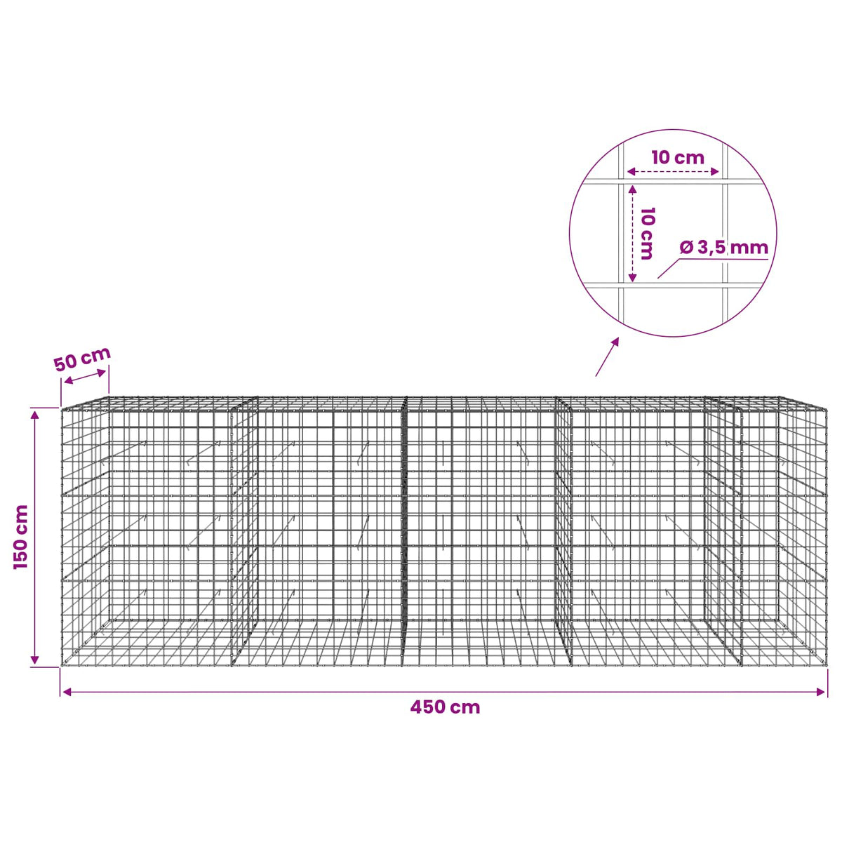 vidaXL Gabion with 3.5 mm Wire and 10x10 cm Mesh 450x50x150 cm 6