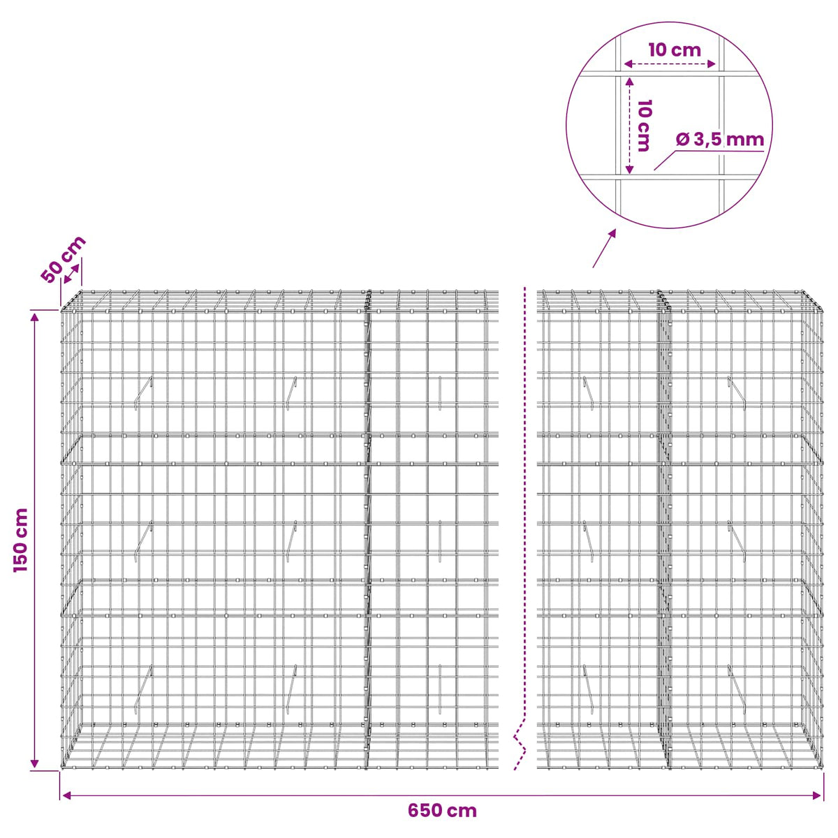 vidaXL Gabion with 3.5 mm Wire and 10x10 cm Mesh 650x50x150 cm 6