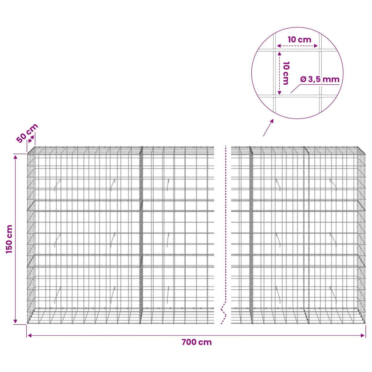 vidaXL Gabion with 3.5 mm Wire and 10x10 cm Mesh 700x50x150 cm 6