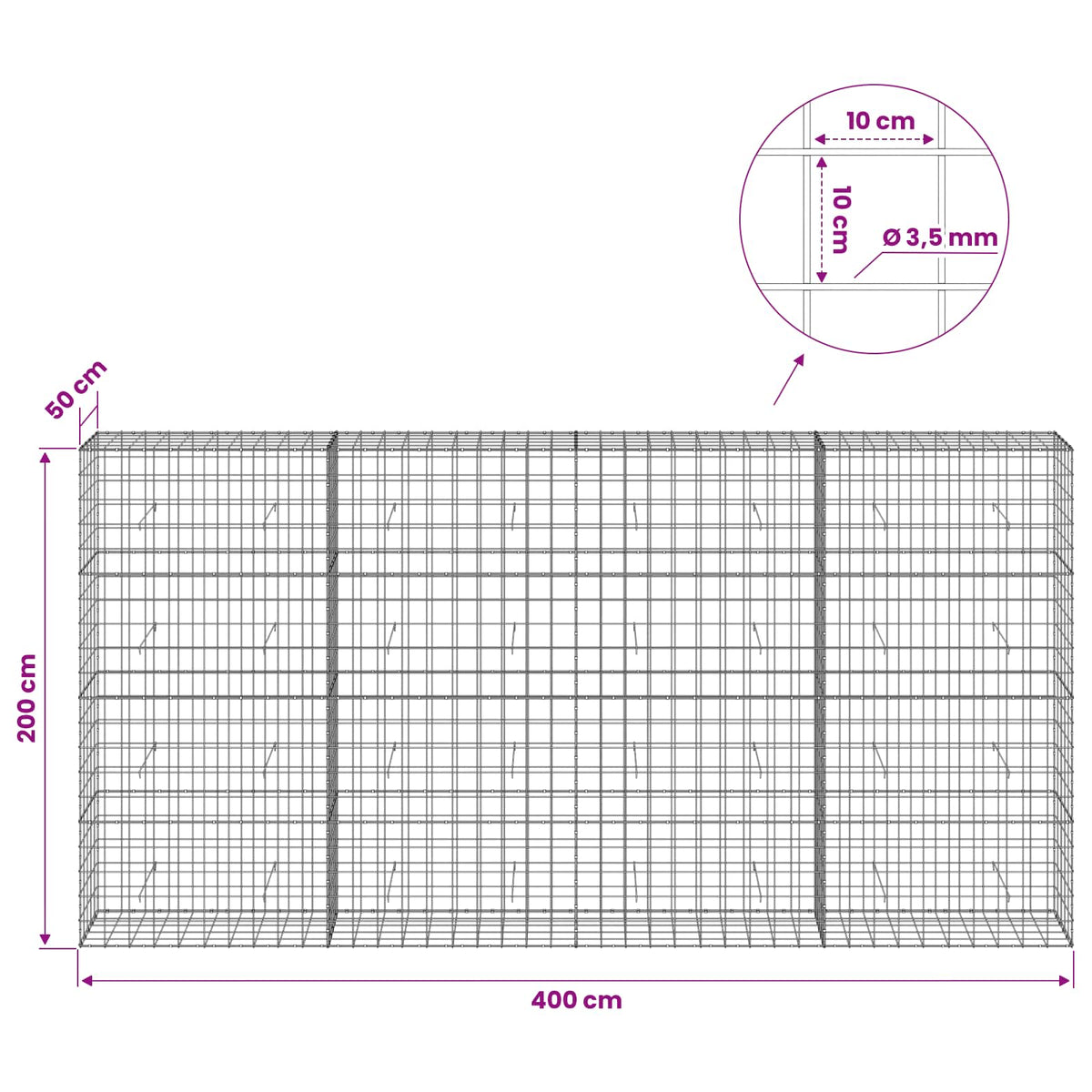 vidaXL Gabion with 3.5 mm Wire and 10x10 cm Mesh 400x50x200 cm 6