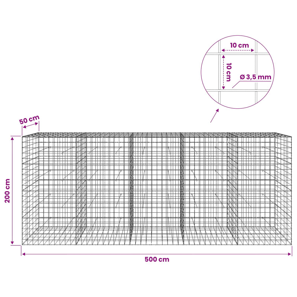 vidaXL Gabion with 3.5 mm Wire and 10x10 cm Mesh 500x50x200 cm 6