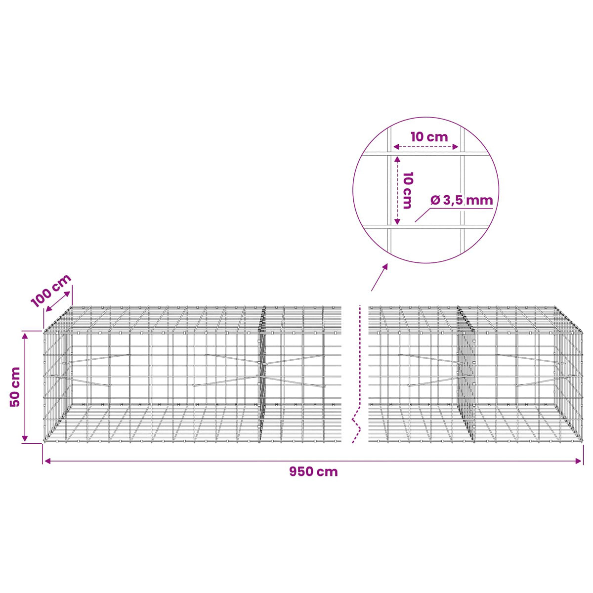vidaXL Gabion with 3.5 mm Wire and 10x10 cm Mesh 950x100x50 cm 6
