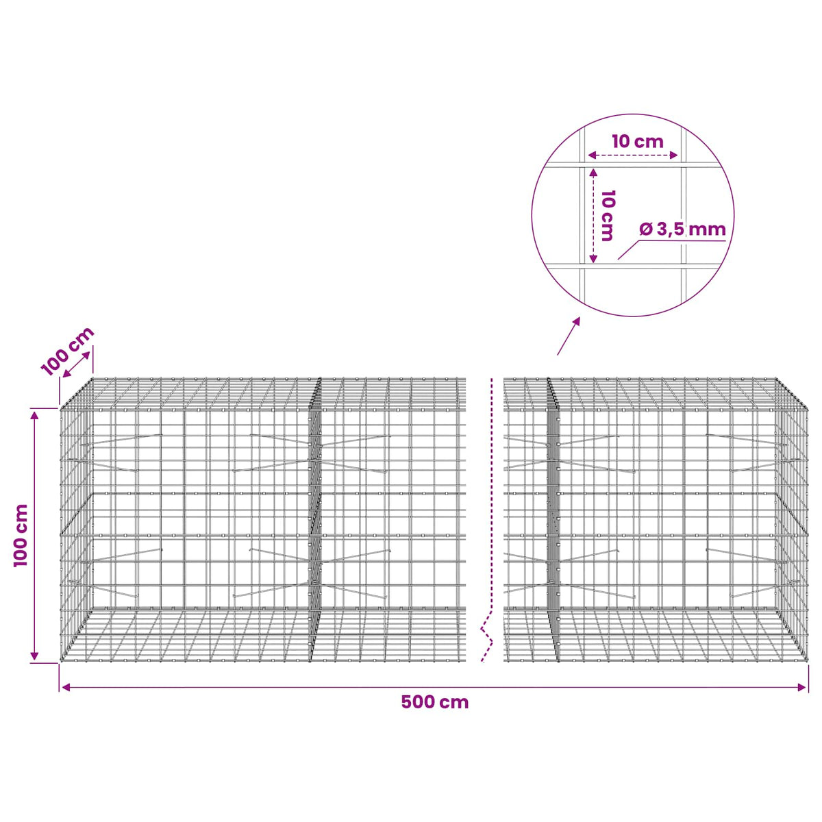 vidaXL Gabion with 3.5 mm Wire and 10x10 cm Mesh 500x100x100 cm 6