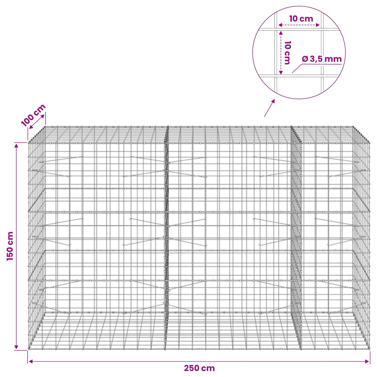 vidaXL Gabion with 3.5 mm Wire and 10x10 cm Mesh 250x100x150 cm 6