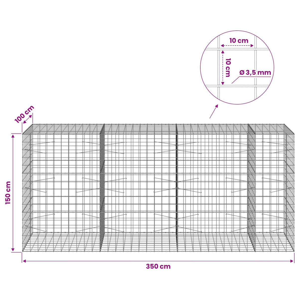 vidaXL Gabion with 3.5 mm Wire and 10x10 cm Mesh 350x100x150 cm 6
