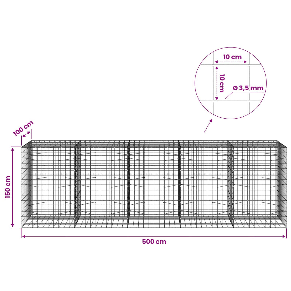 vidaXL Gabion with 3.5 mm Wire and 10x10 cm Mesh 500x100x150 cm 6