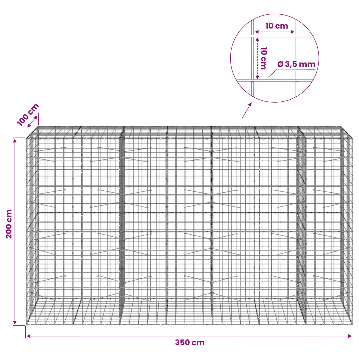 vidaXL Gabion with 3.5 mm Wire and 10x10 cm Mesh 350x100x200 cm 6