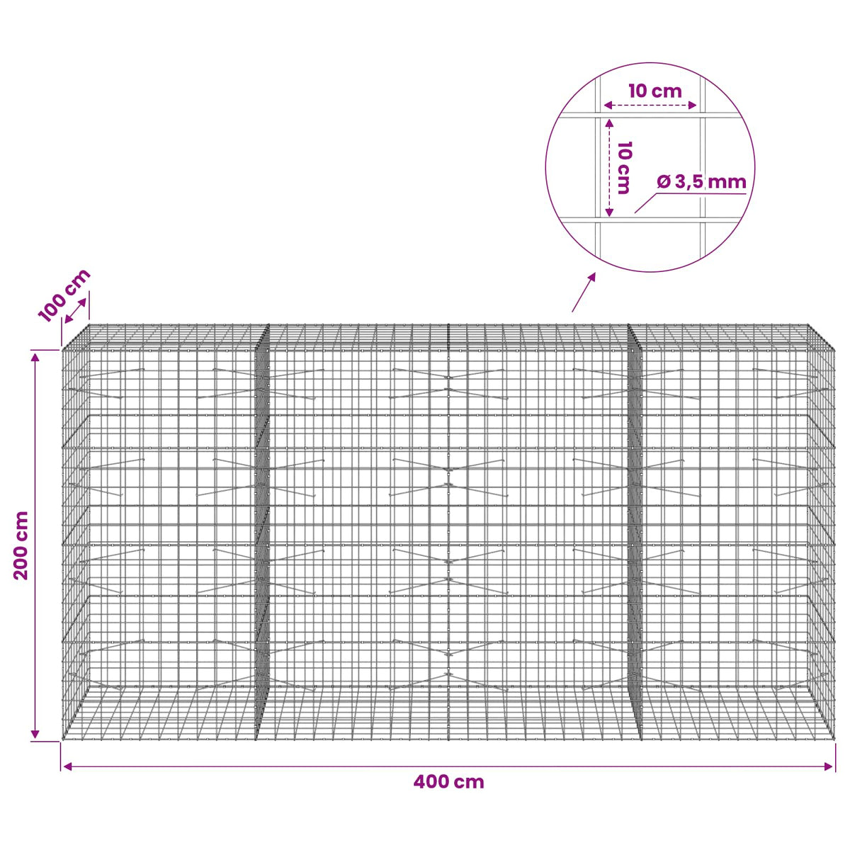 vidaXL Gabion with 3.5 mm Wire and 10x10 cm Mesh 400x100x200 cm 6