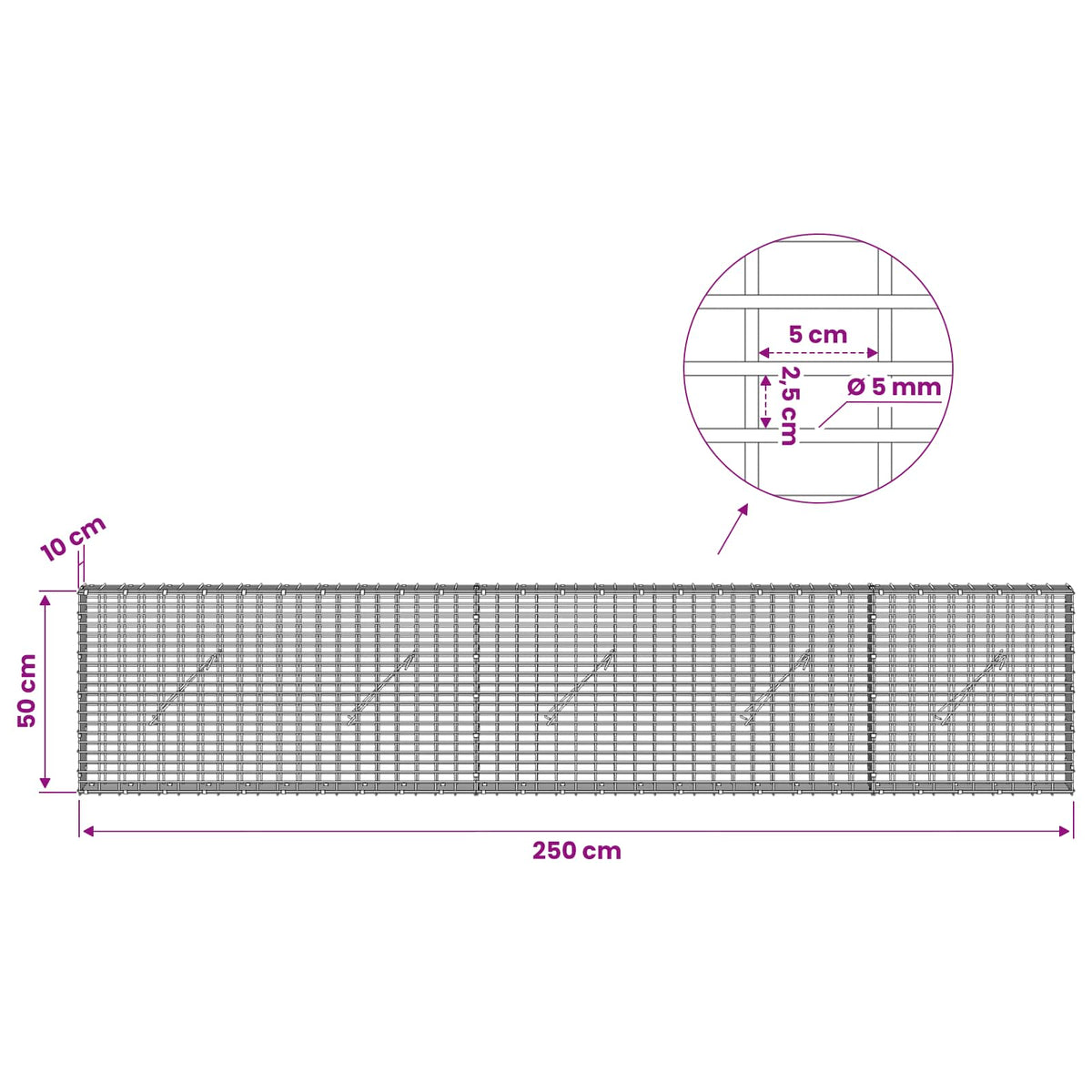vidaXL Gabion with 5 mm Wire and 5x2.5 cm Mesh 250x10x50 cm 6