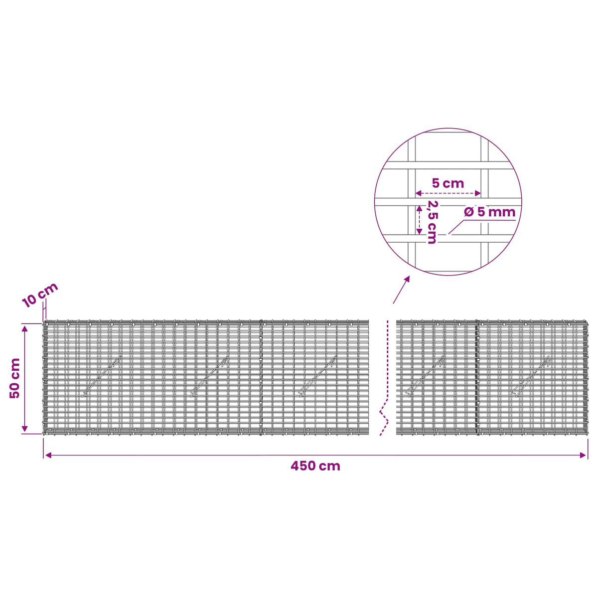 vidaXL Gabion with 5 mm Wire and 5x2.5 cm Mesh 450x10x50 cm 6