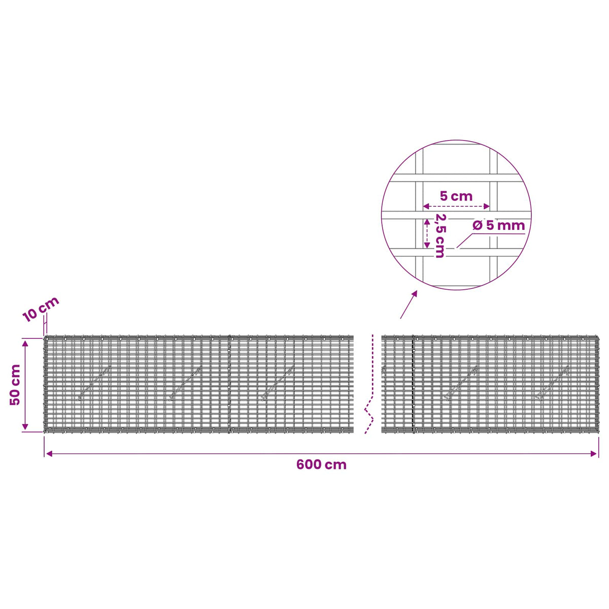 vidaXL Gabion with 5 mm Wire and 5x2.5 cm Mesh 600x10x50 cm 6