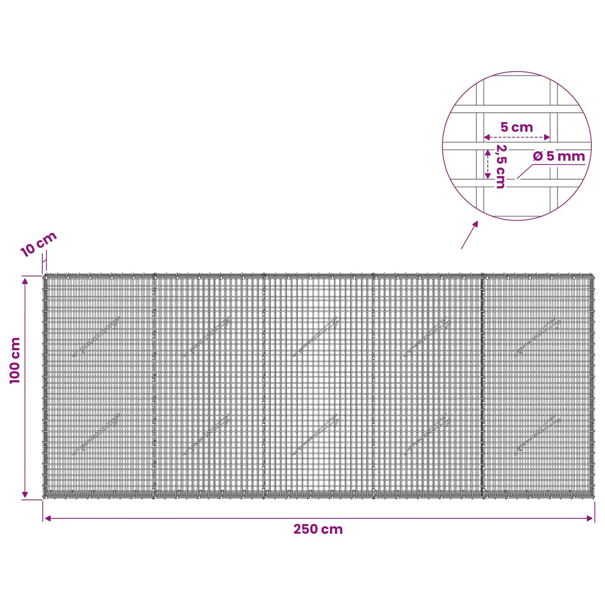vidaXL Gabion with 5 mm Wire and 5x2.5 cm Mesh 250x10x100 cm 6