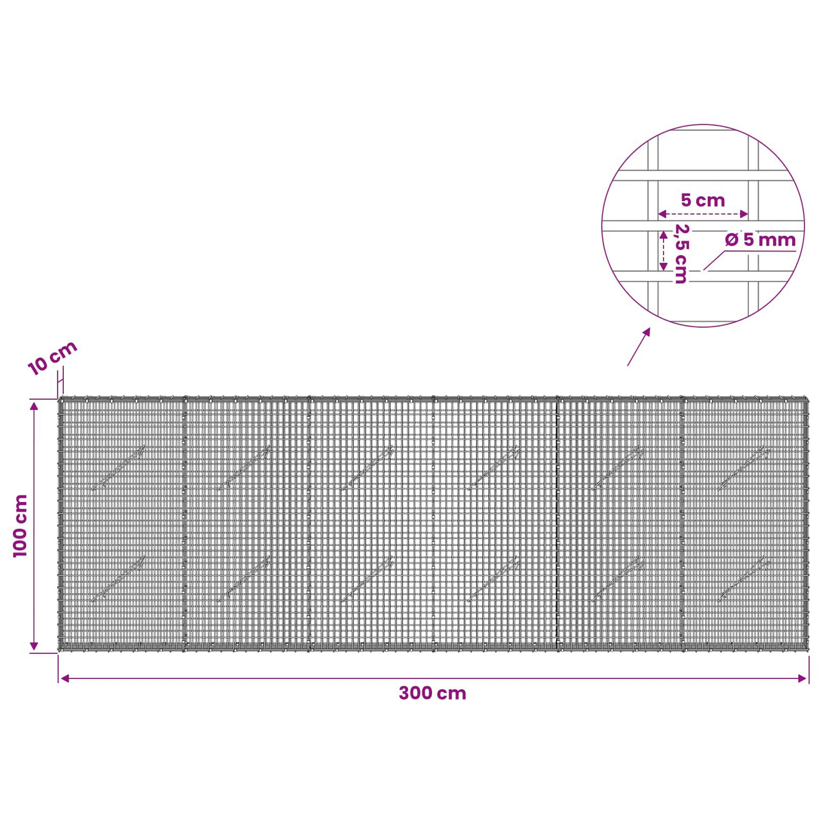 vidaXL Gabion with 5 mm Wire and 5x2.5 cm Mesh 300x10x100 cm 6