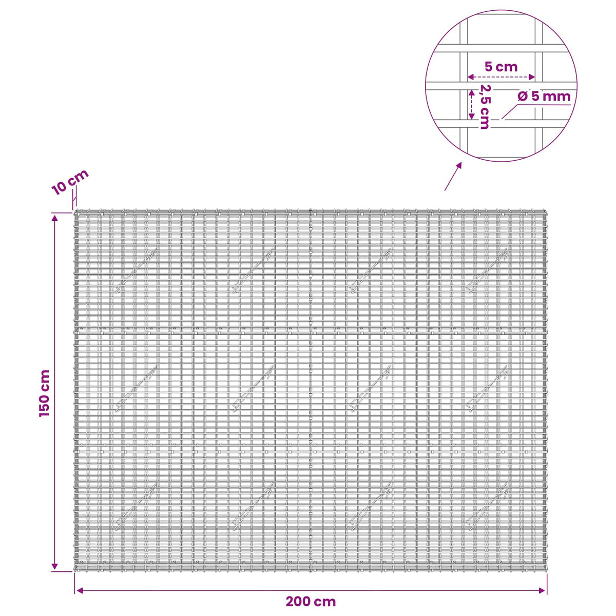 vidaXL Gabion with 5 mm Wire and 5x2.5 cm Mesh 200x10x150 cm 6
