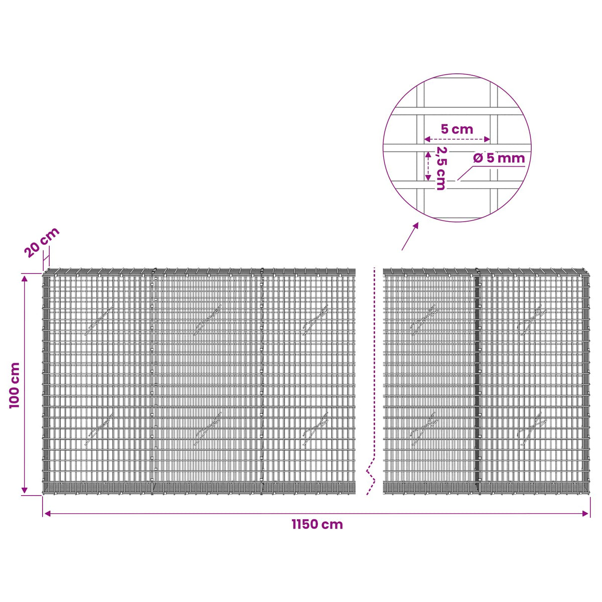 Gabion with 5 mm Wire and 5x2.5 cm Mesh 1150x20x100 cm 1150 cm