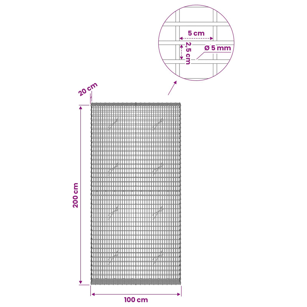 vidaXL Gabion with 5 mm Wire and 5x2.5 cm Mesh 100x20x200 cm 6