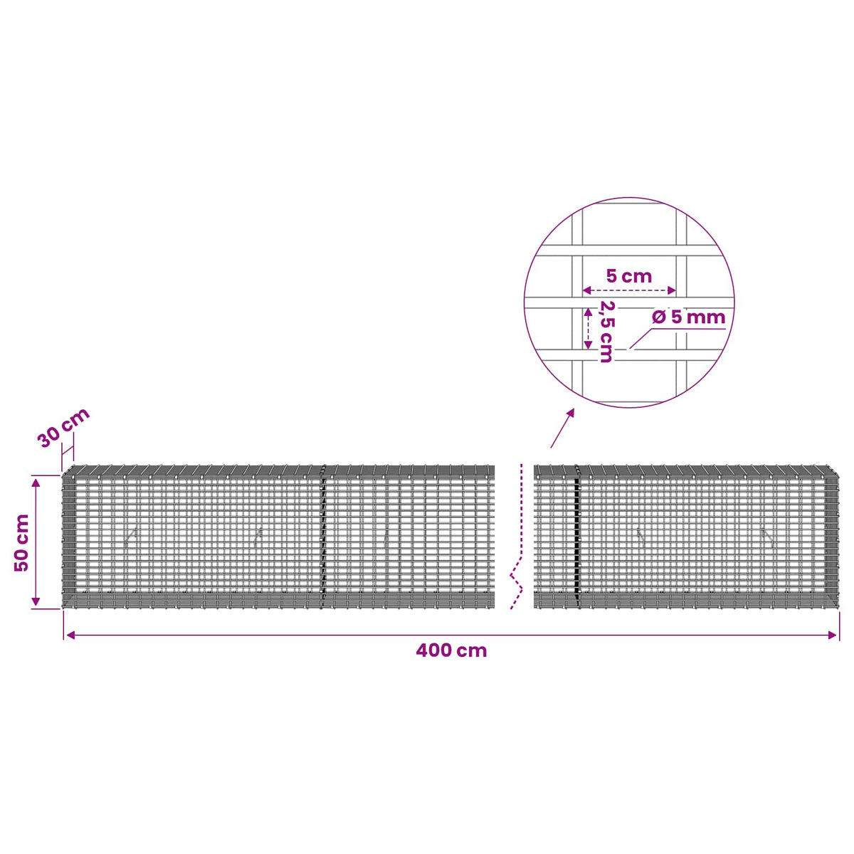 vidaXL Gabion with 5 mm Wire and 5x2.5 cm Mesh 400x30x50 cm 6