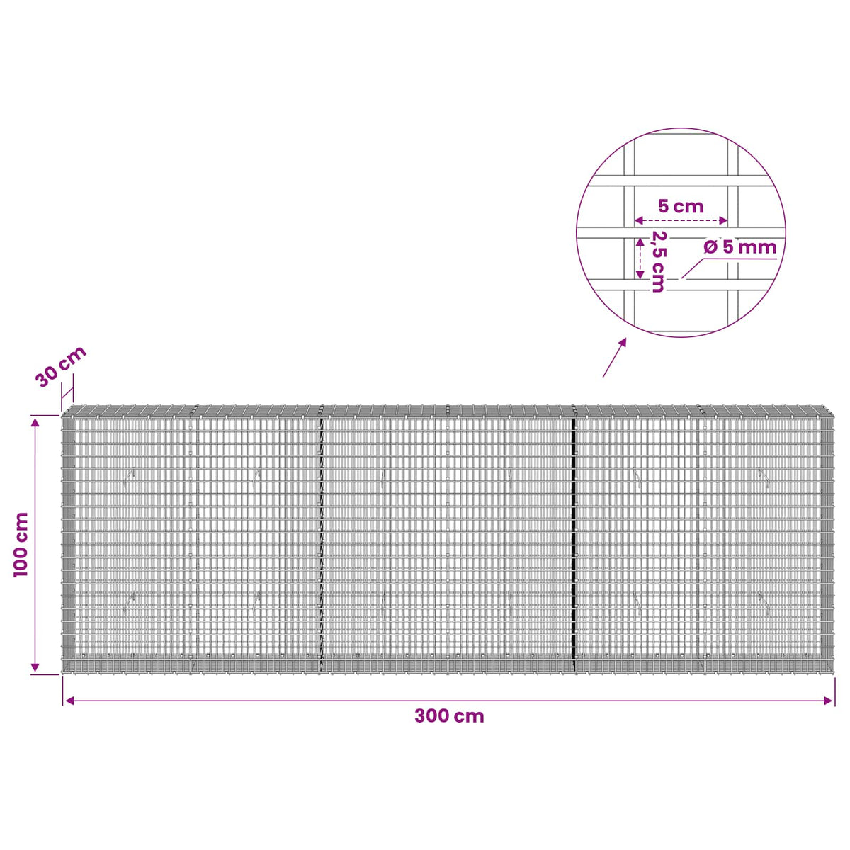 Gabion with 5 mm Wire and 5x2.5 cm Mesh 50x30x100 cm 300 cm