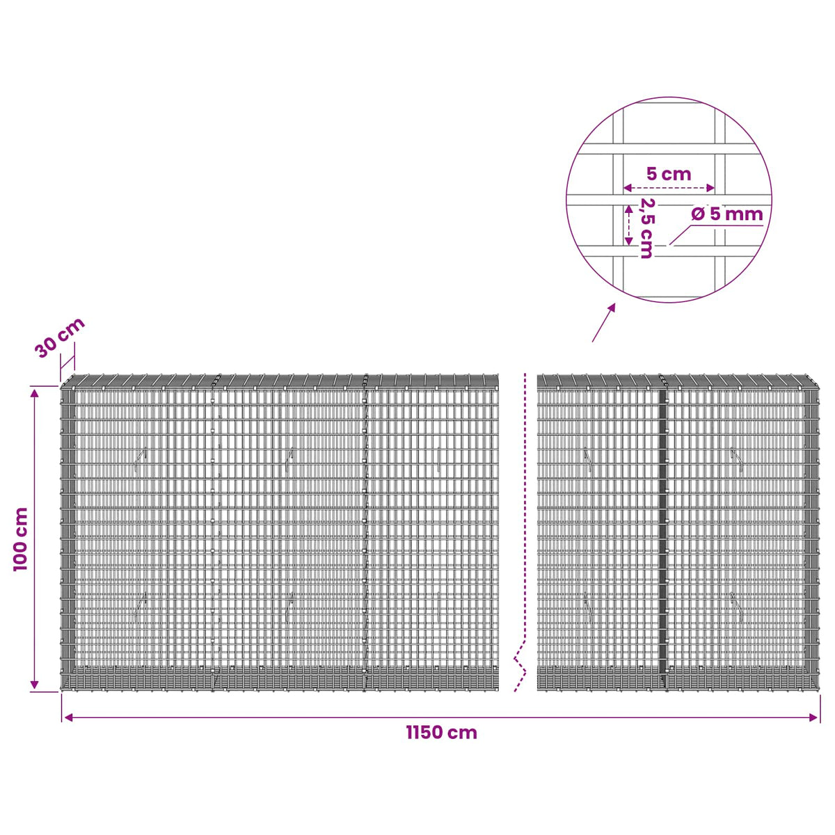 Gabion with 5 mm Wire and 5x2.5 cm Mesh 1150x30x100 cm 1150 cm