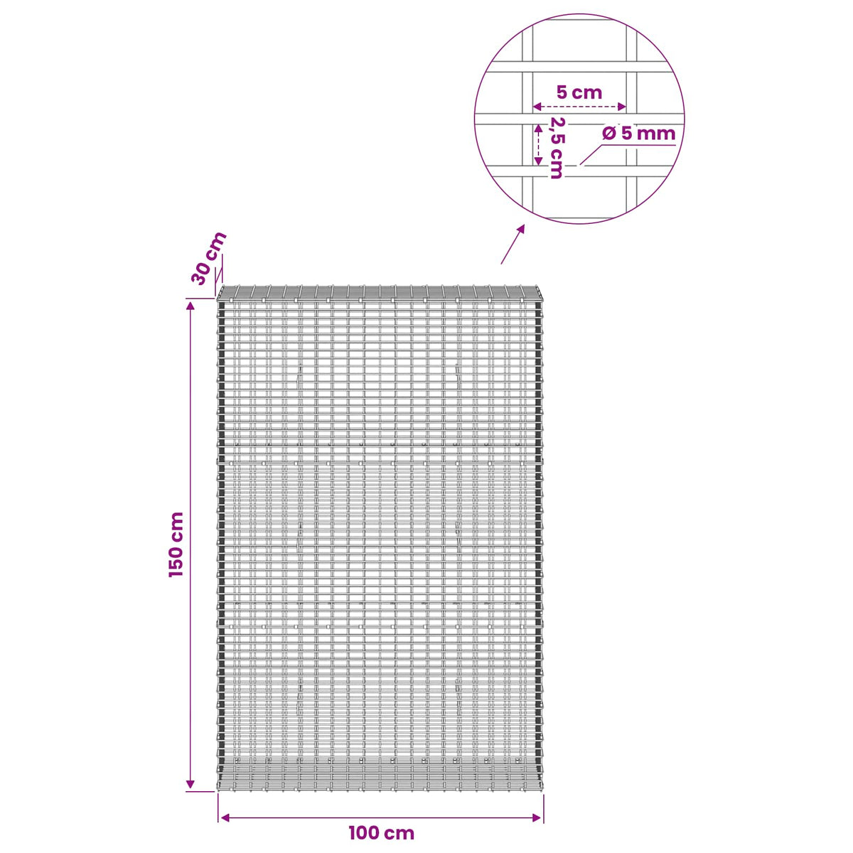 Gabion with 5 mm Wire and 5x2.5 cm Mesh 100x30x150 cm 100 cm