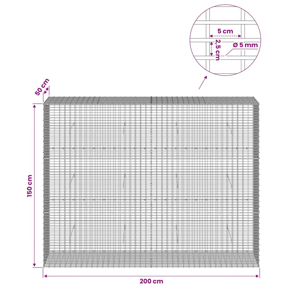 Gabion with 5 mm Wire and 5x2.5 cm Mesh 50x50x150 cm 200 cm