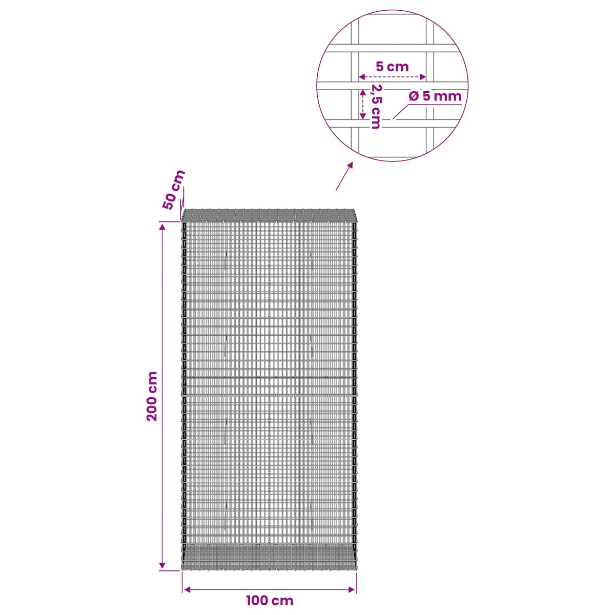 Gabion with 5 mm Wire and 5x2.5 cm Mesh 50x50x200 cm 100 cm