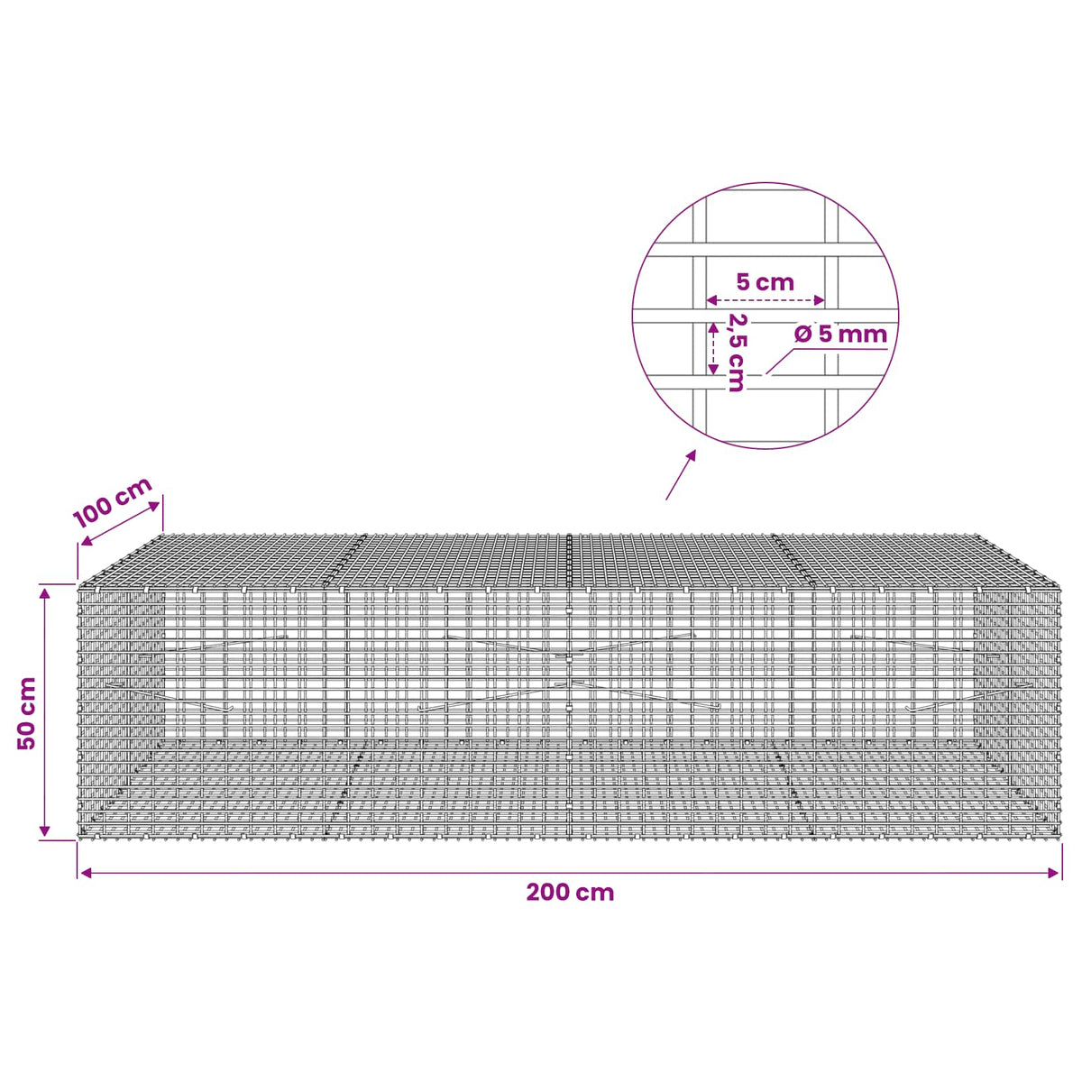 vidaXL Gabion with 5 mm Wire and 5x2.5 cm Mesh 200x100x50 cm 6