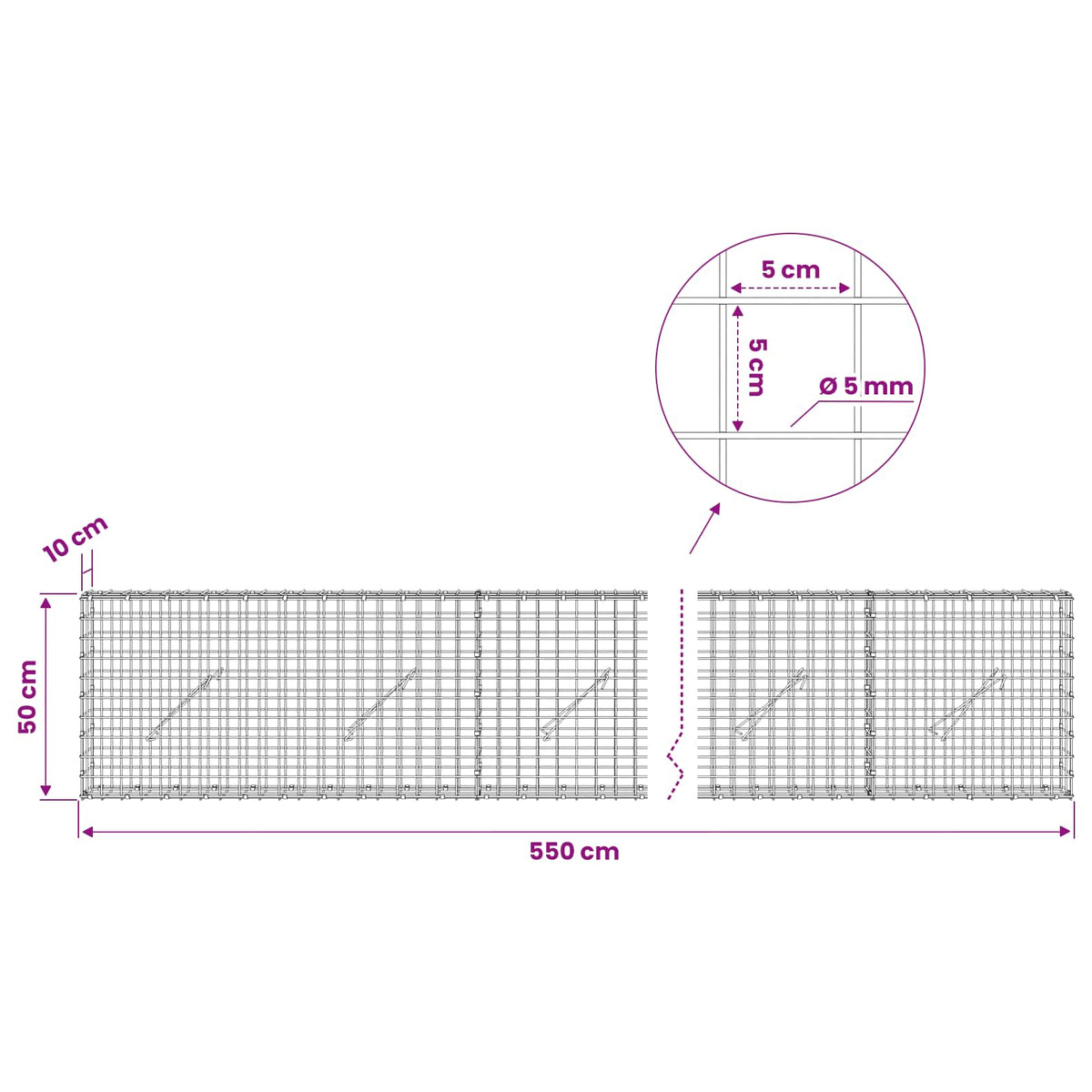 vidaXL Gabion with 5 mm Wire and 5x5 cm Mesh 550x10x50 cm 6