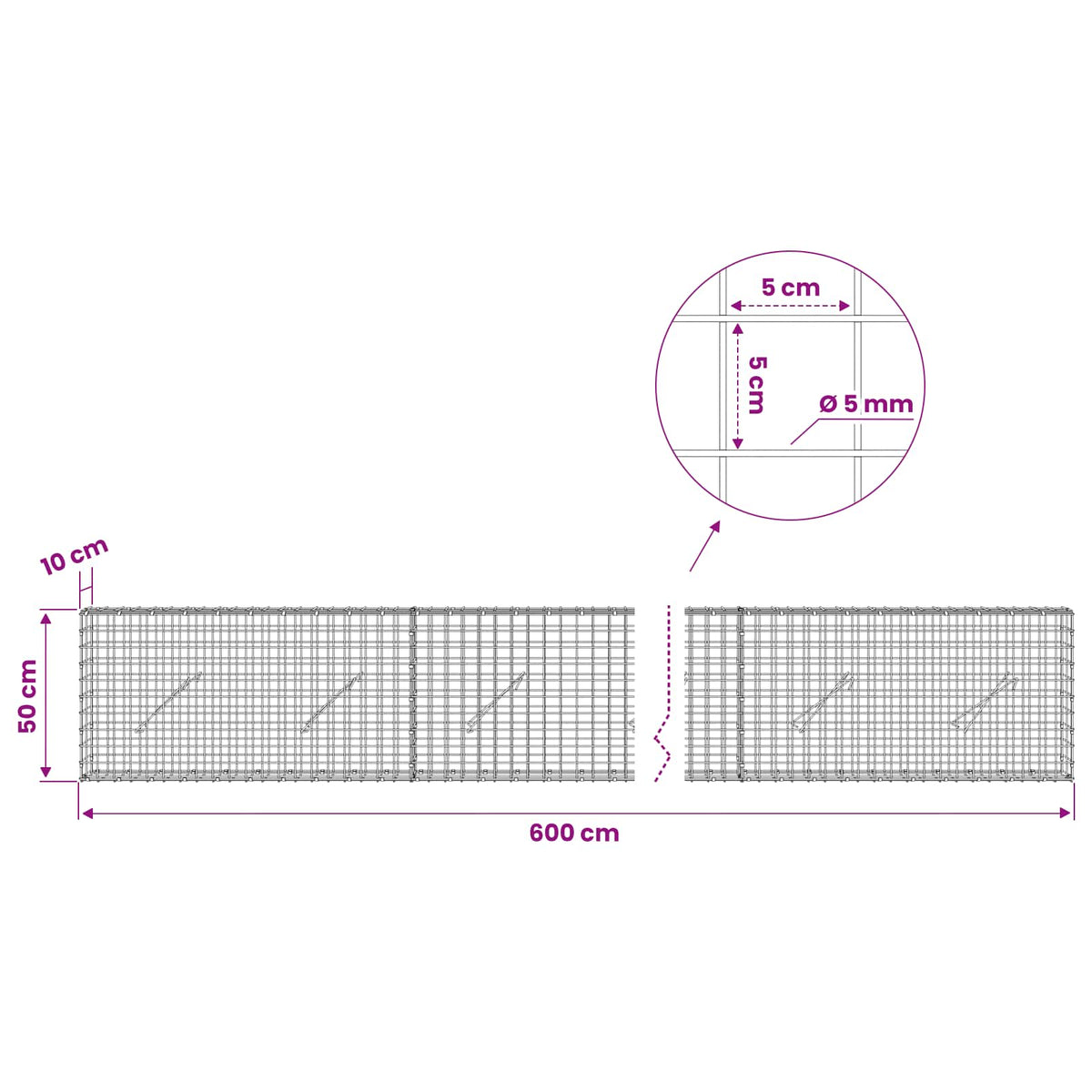 vidaXL Gabion with 5 mm Wire and 5x5 cm Mesh 600x10x50 cm 6