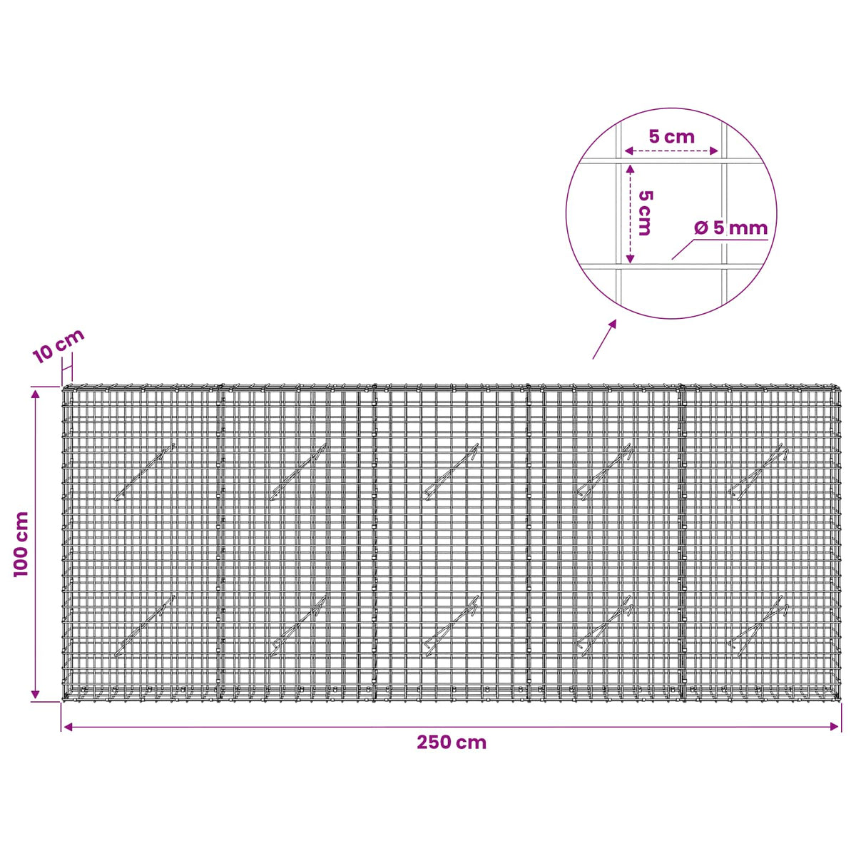vidaXL Gabion with 5 mm Wire and 5x5 cm Mesh 250x10x100 cm 6