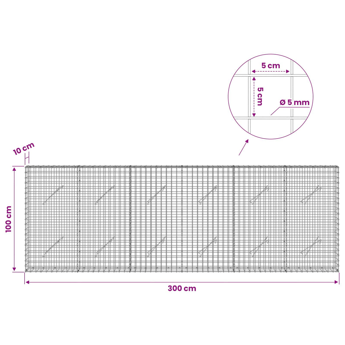 vidaXL Gabion with 5 mm Wire and 5x5 cm Mesh 300x10x100 cm 6