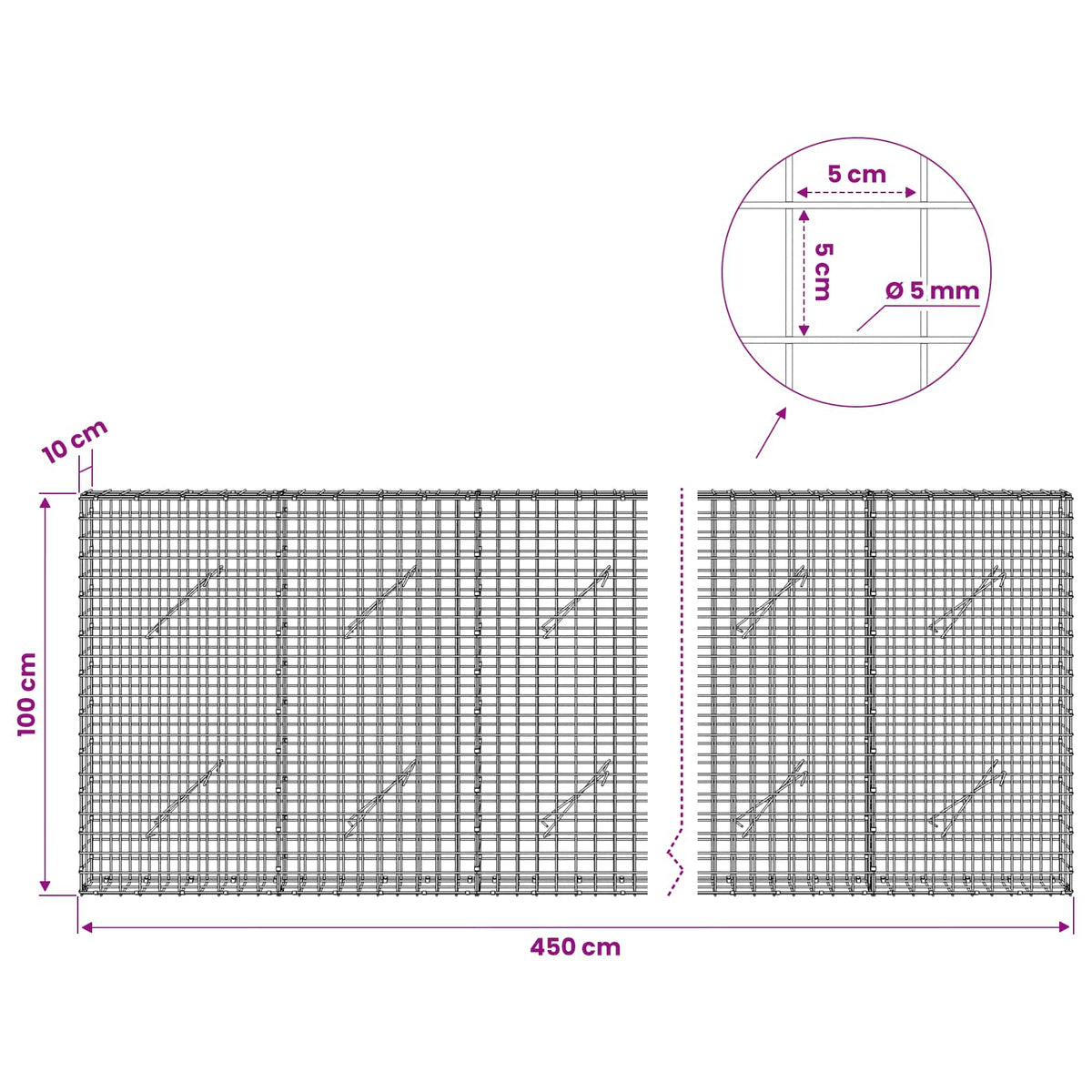 vidaXL Gabion with 5 mm Wire and 5x5 cm Mesh 450x10x100 cm 6