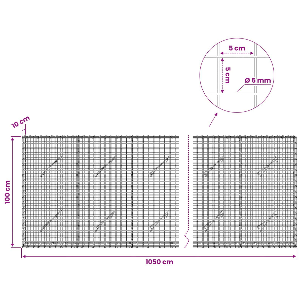 Gabion with 5 mm Wire and 5x5 cm Mesh 1050x10x100 cm 1050 cm
