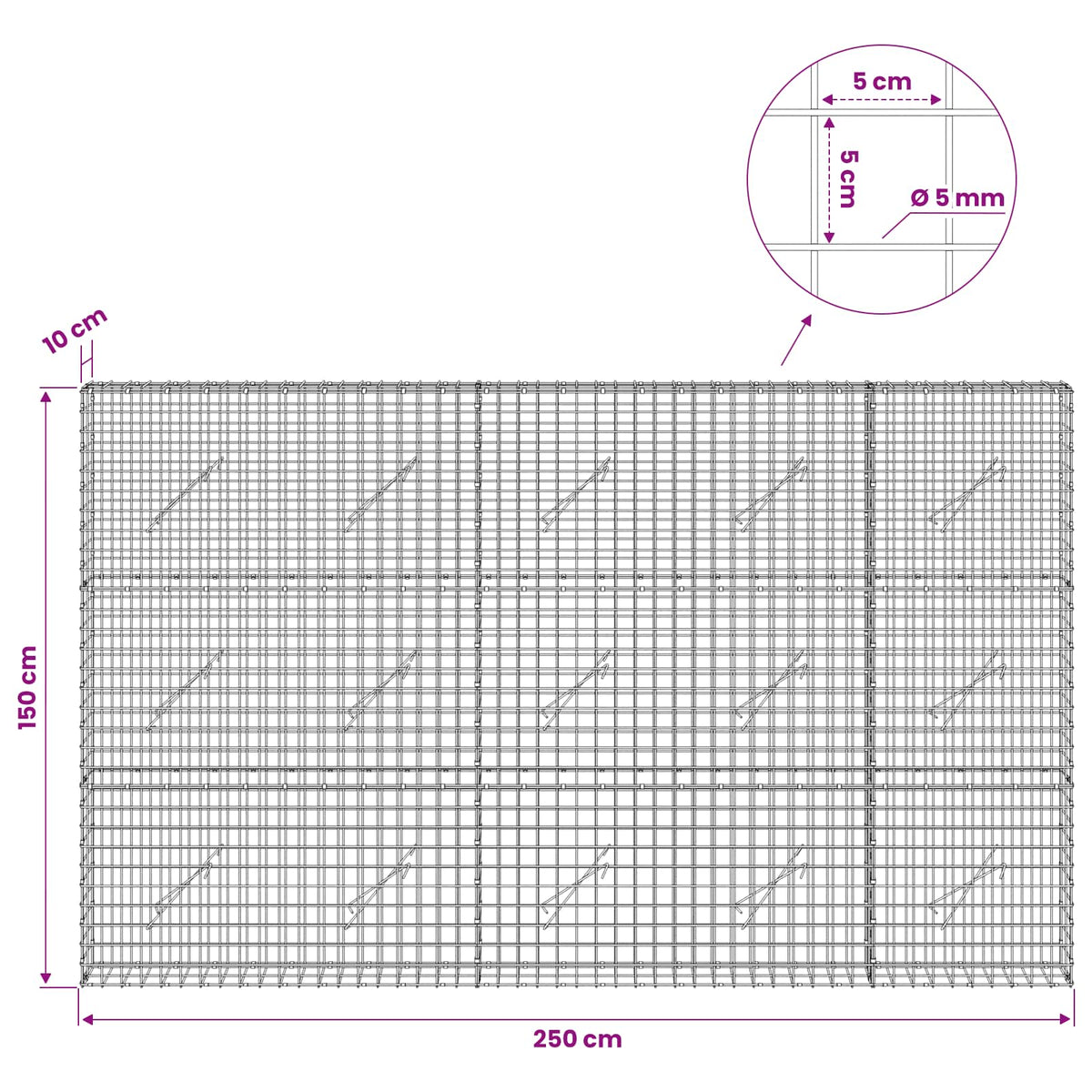 vidaXL Gabion with 5 mm Wire and 5x5 cm Mesh 250x10x150 cm 6