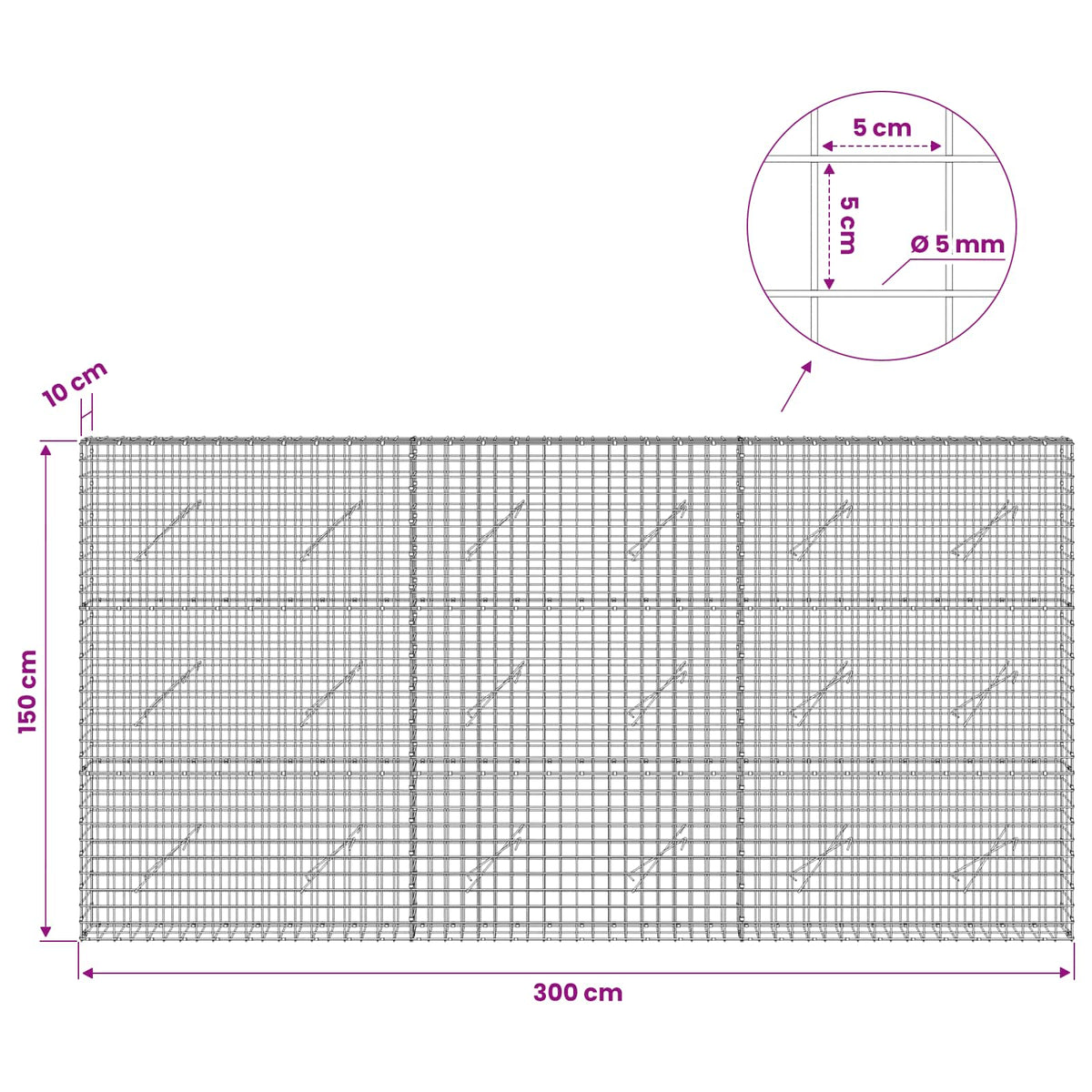 vidaXL Gabion with 5 mm Wire and 5x5 cm Mesh 300x10x150 cm 6