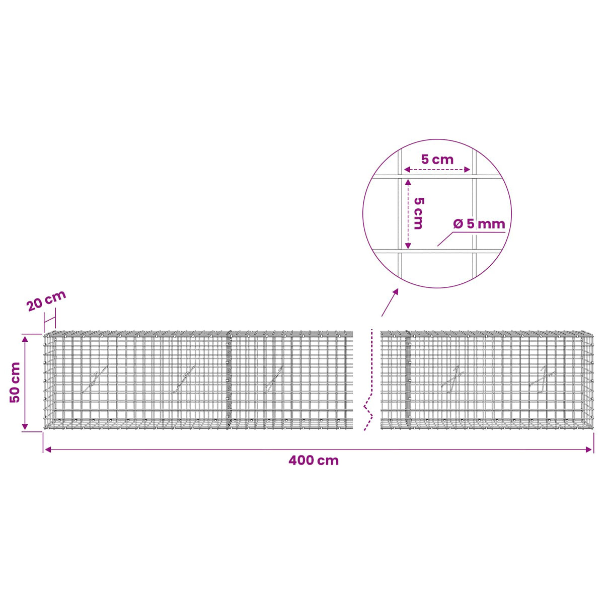 vidaXL Gabion with 5 mm Wire and 5x5 cm Mesh 400x20x50 cm 6