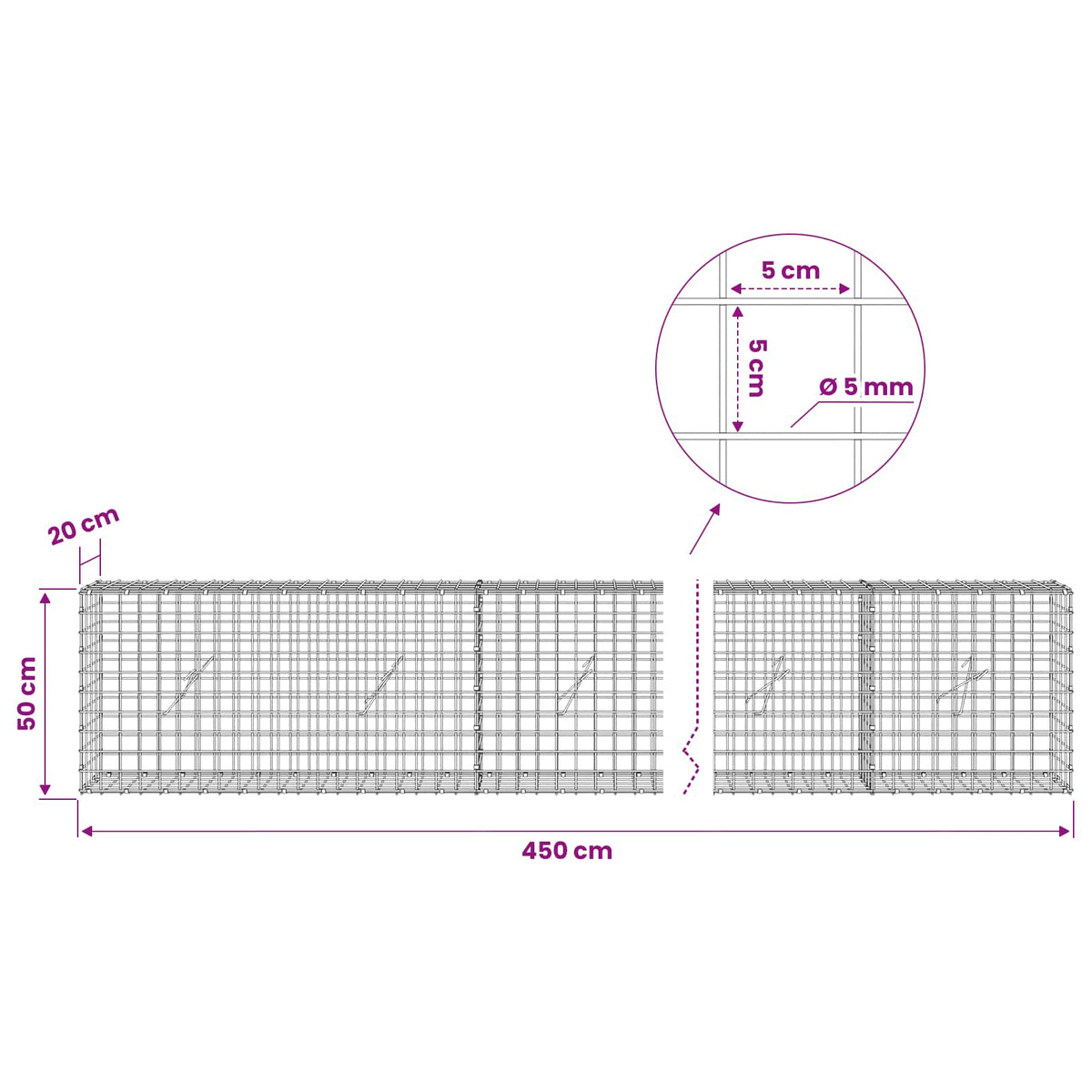 vidaXL Gabion with 5 mm Wire and 5x5 cm Mesh 450x20x50 cm 6