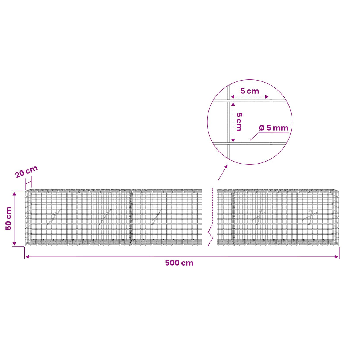 vidaXL Gabion with 5 mm Wire and 5x5 cm Mesh 500x20x50 cm 6
