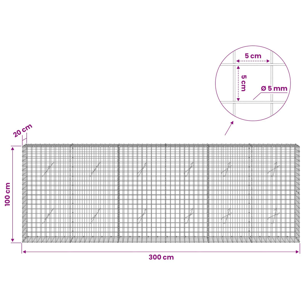vidaXL Gabion with 5 mm Wire and 5x5 cm Mesh 300x20x100 cm 6